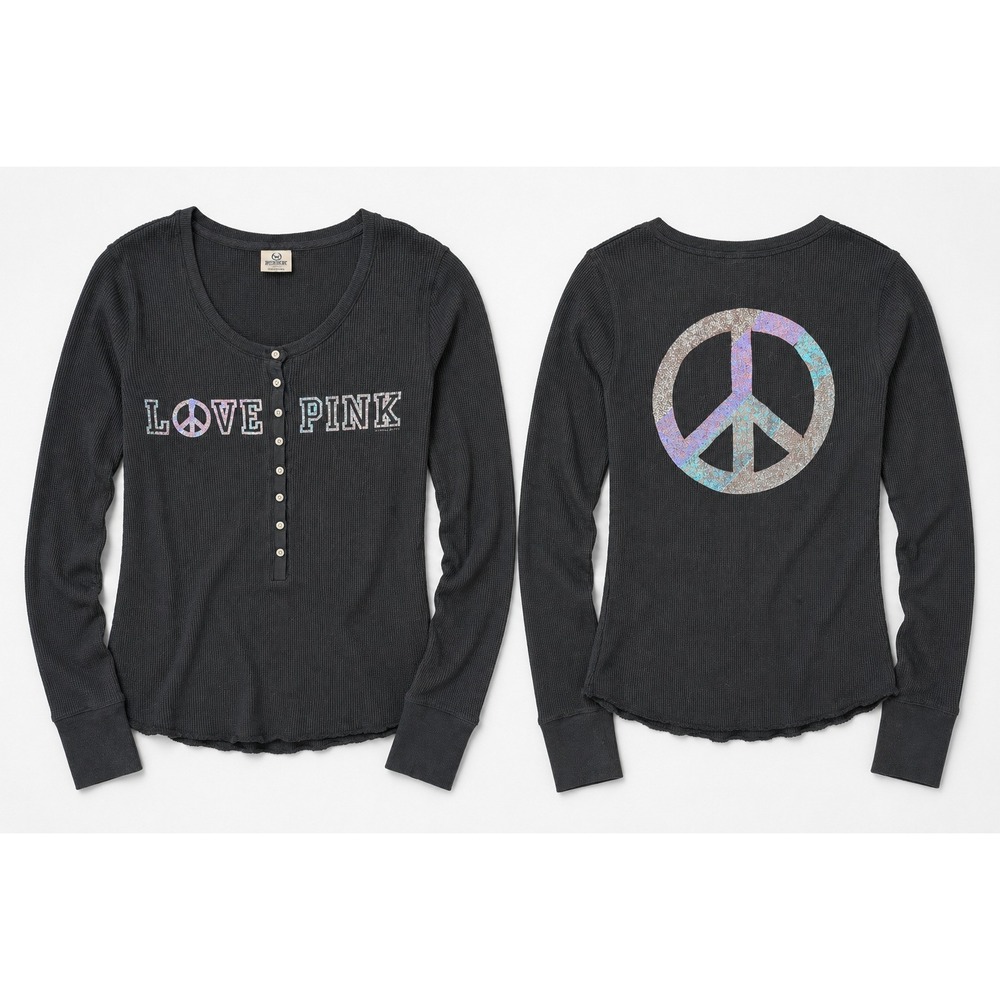 Y2K PINK Victoria's Secret Henley Waffle Top M Black Peace Sign Glitter 2000s